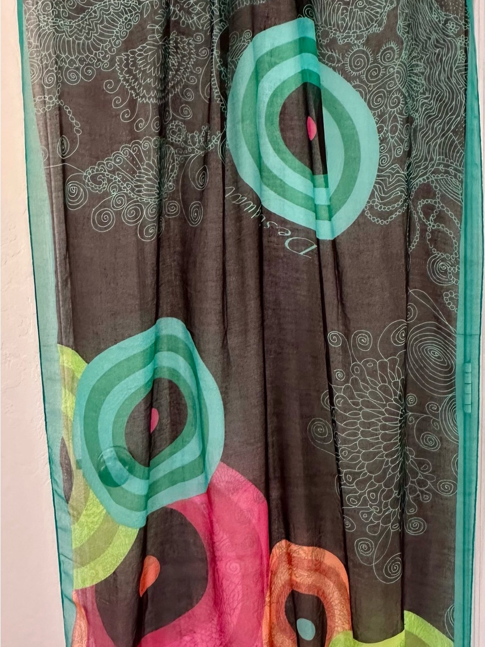 Desigual Large Black Sheer Scarf with Teal, Pink, Orange and Lime Rings